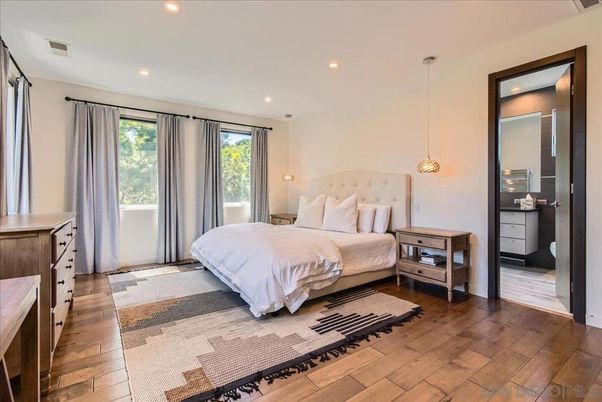 Bedroom, Interior, Pendant Lights, Recessed Lighting, Wood Texture Flooring