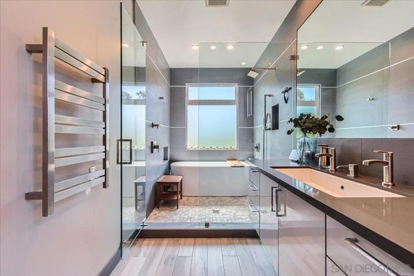 Bathroom, Glass Shower, Interior, Recessed Lighting, Wood Texture Flooring