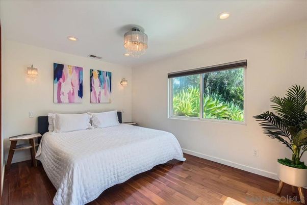 Bedroom, Chandelier, Interior, Recessed Lighting, Wood Texture Flooring