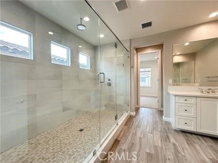 Bathroom, Glass Shower, Interior, Recessed Lighting, Wood Texture Flooring