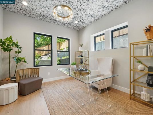 Chandelier, Home Office, Interior, Recessed Lighting, Wood Texture Flooring