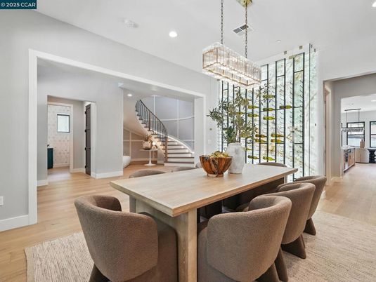 Chandelier, Dining room, Interior, Pendant Lights, Recessed Lighting, Wine Storage, Wood Texture Flooring