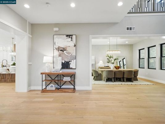 Dining room, Interior, Pendant Lights, Recessed Lighting, Wood Texture Flooring