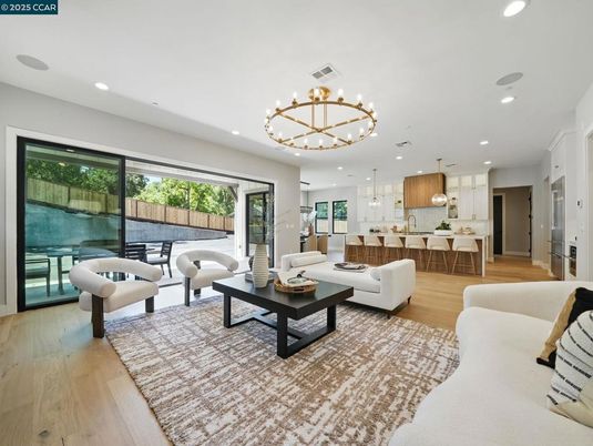 Chandelier, Interior, Kitchen, Living room, Pendant Lights, Recessed Lighting, Wood Texture Flooring
