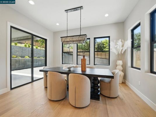 Chandelier, Dining room, Interior, Recessed Lighting, Wood Texture Flooring