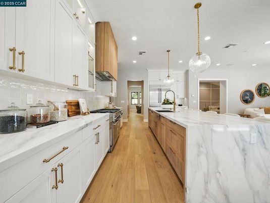 Interior, Kitchen, Pendant Lights, Recessed Lighting, Stainless Steel Appliances, Wood Texture Flooring