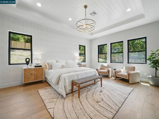 Bedroom, Interior, Pendant Lights, Recessed Lighting, Wood Texture Flooring