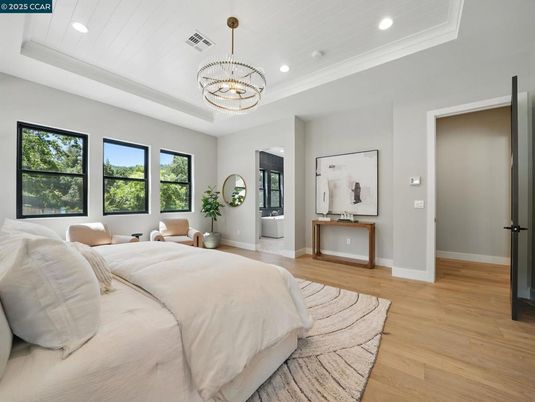Bedroom, Chandelier, Interior, Pendant Lights, Recessed Lighting, Wood Texture Flooring