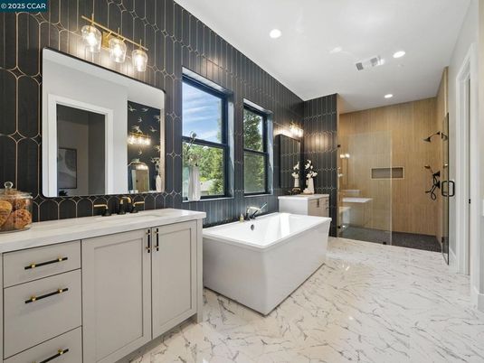 Bathroom, Dual Sink Vanities, Free Standing Baths, Glass Shower, Interior, Marble, Recessed Lighting