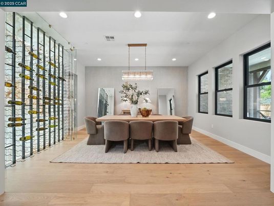 Chandelier, Dining room, Interior, Pendant Lights, Recessed Lighting, Wine Storage, Wood Texture Flooring