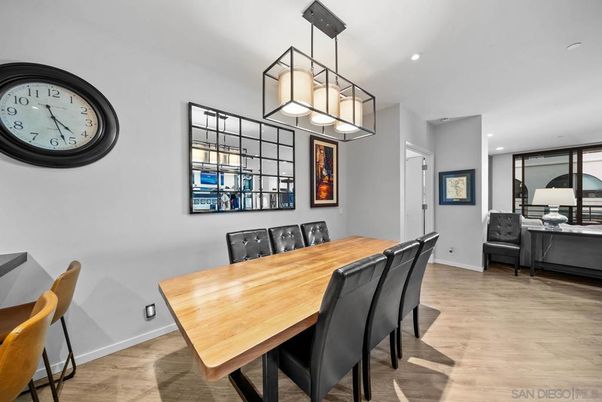 Bedroom, Dining room, Interior, Pendant Lights, Recessed Lighting, Wood Texture Flooring