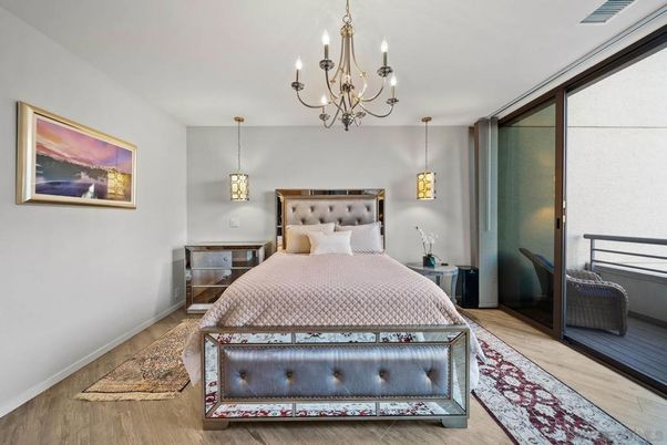 Bedroom, Chandelier, Interior, Pendant Lights, Wood Texture Flooring