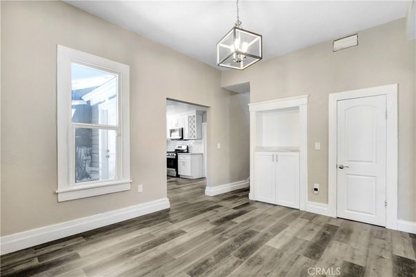 Empty room, Interior, Kitchen, Pendant Lights, Wood Texture Flooring