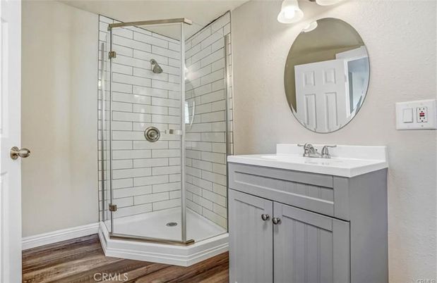 Bathroom, Glass Shower, Interior, Wood Texture Flooring