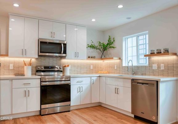 Interior, Kitchen, Recessed Lighting, Stainless Steel Appliances, Wood Texture Flooring