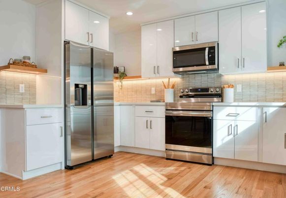 Interior, Kitchen, Recessed Lighting, Stainless Steel Appliances, Wood Texture Flooring