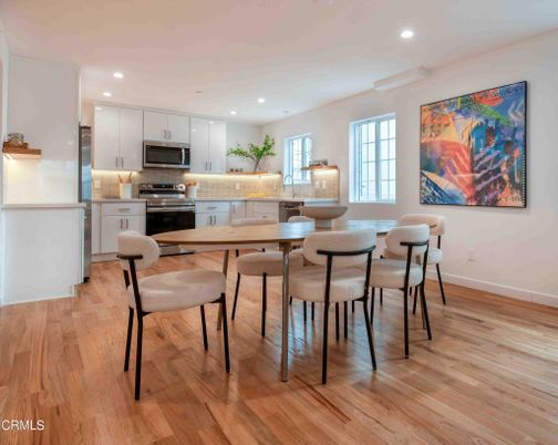 Dining room, Interior, Kitchen, Recessed Lighting, Stainless Steel Appliances, Wood Texture Flooring