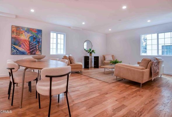 Dining room, Interior, Living room, Recessed Lighting, Wood Texture Flooring