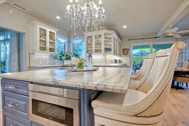 Chandelier, Dining room, Interior, Kitchen, Recessed Lighting, Stainless Steel Appliances, Wood Texture Flooring