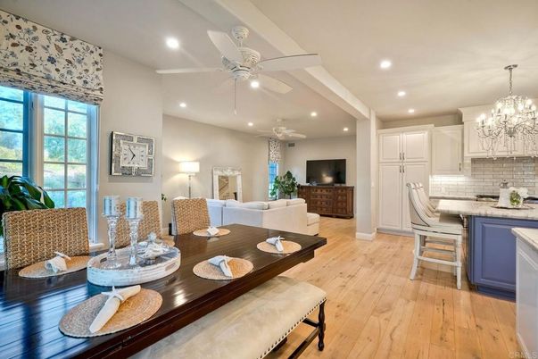 Chandelier, Dining room, Interior, Kitchen, Living room, Recessed Lighting, Wood Texture Flooring
