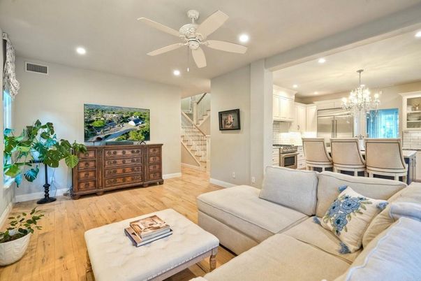 Chandelier, Dining room, Interior, Kitchen, Living room, Recessed Lighting, Stainless Steel Appliances, Wood Texture Flooring