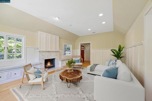Fireplace, Interior, Living room, Recessed Lighting, Wood Texture Flooring