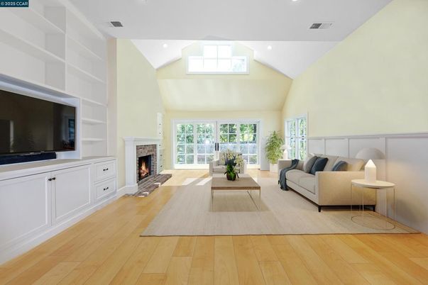 Fireplace, Interior, Living room, Recessed Lighting, Wood Texture Flooring