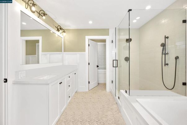 Bathroom, Dual Sink Vanities, Glass Shower, Interior, Recessed Lighting