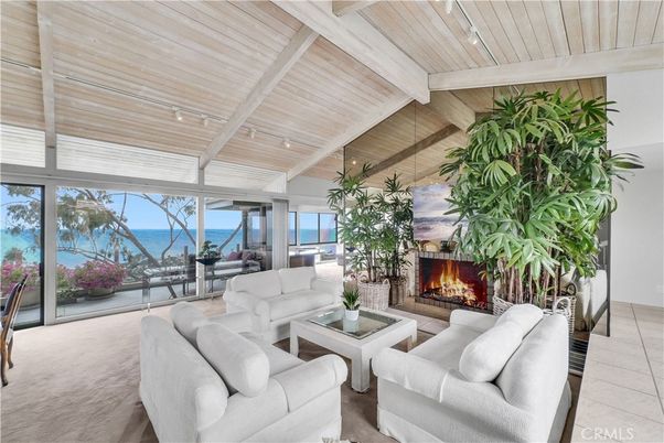 Fireplace, Interior, Living room, Recessed Lighting, Water, Wooden Ceilings