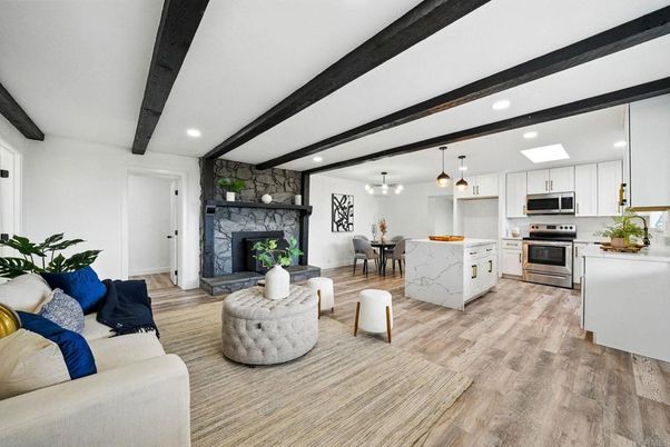 Dining room, Fireplace, Interior, Kitchen, Living room, Pendant Lights, Recessed Lighting, Stainless Steel Appliances, Stone Walls, Wooden Beams, Wood Texture Flooring
