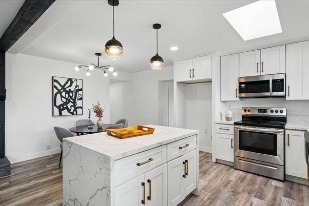 Dining room, Interior, Kitchen, Pendant Lights, Recessed Lighting, Stainless Steel Appliances, Wood Texture Flooring