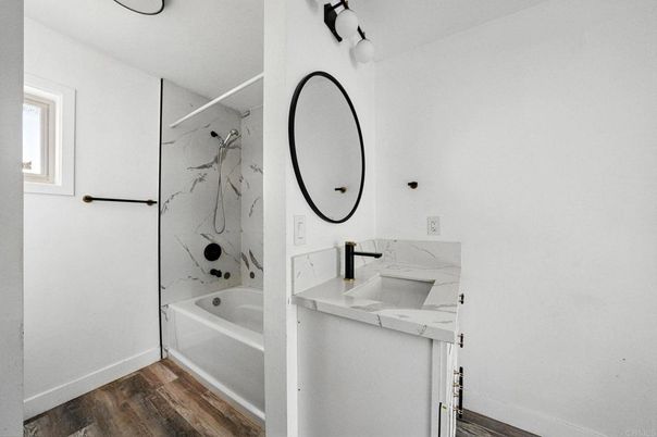 Bathroom, Interior, Marble Walls, Wood Texture Flooring