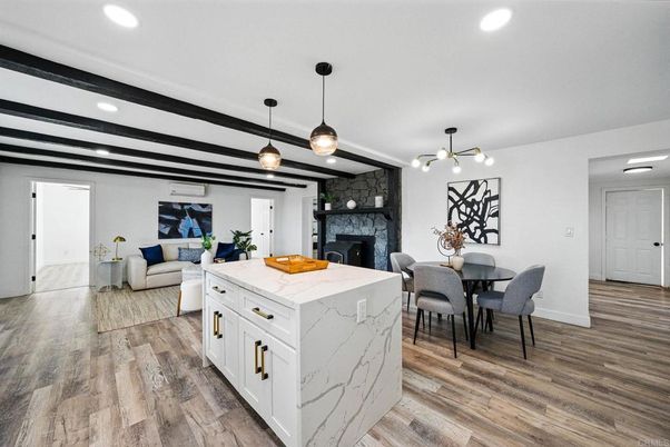 Dining room, Fireplace, Interior, Kitchen, Living room, Pendant Lights, Recessed Lighting, Wood Texture Flooring