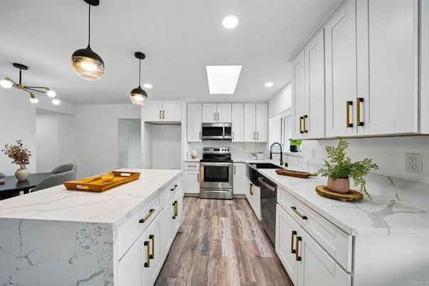 Interior, Kitchen, Pendant Lights, Recessed Lighting, Stainless Steel Appliances, Wood Texture Flooring