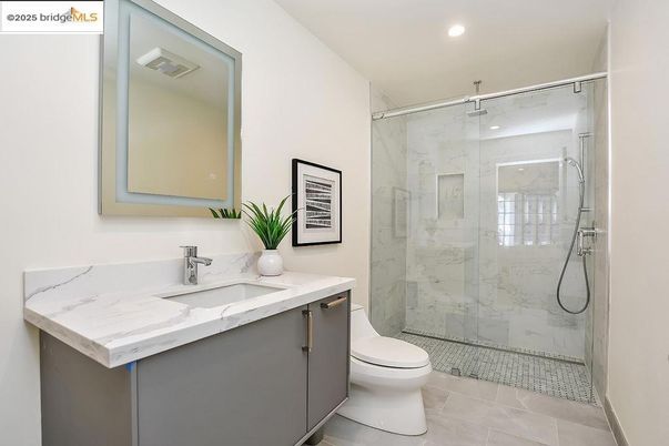 Bathroom, Glass Shower, Interior, Marble Walls, Recessed Lighting
