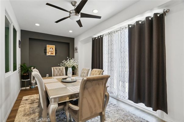 Dining room, Interior, Recessed Lighting, Wood Texture Flooring