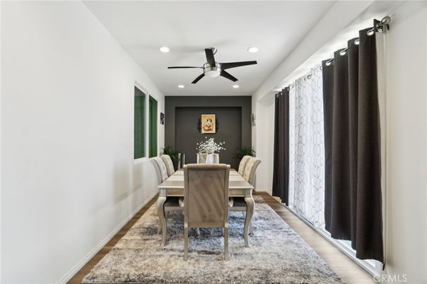 Dining room, Interior, Recessed Lighting, Wood Texture Flooring
