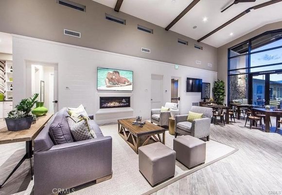 Dining room, Fireplace, Interior, Living room, Recessed Lighting, Wooden Beams, Wood Texture Flooring