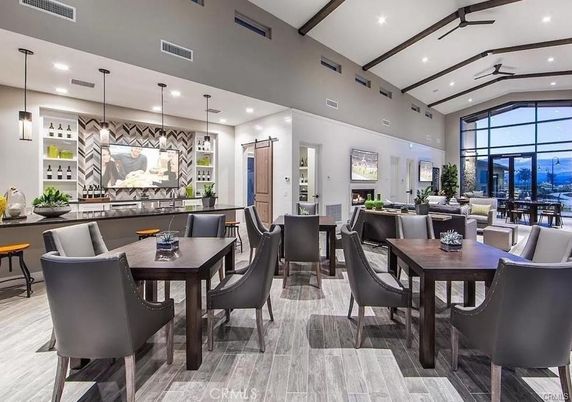 Dining room, Interior, Pendant Lights, Recessed Lighting, Wood Texture Flooring