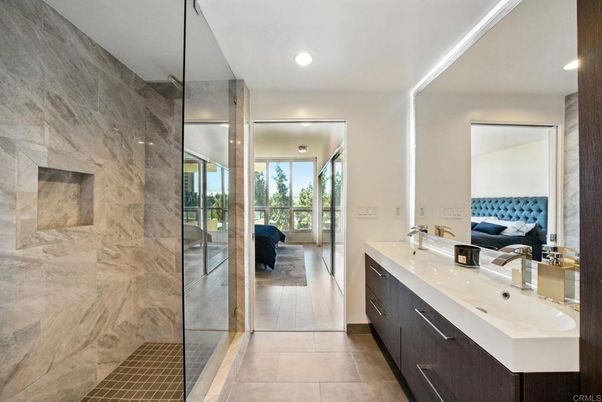 Bathroom, Dual Sink Vanities, Glass Shower, Interior, Marble Walls, Recessed Lighting