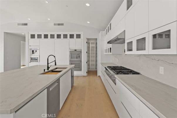 Interior, Kitchen, Marble Walls, Recessed Lighting, Wood Texture Flooring