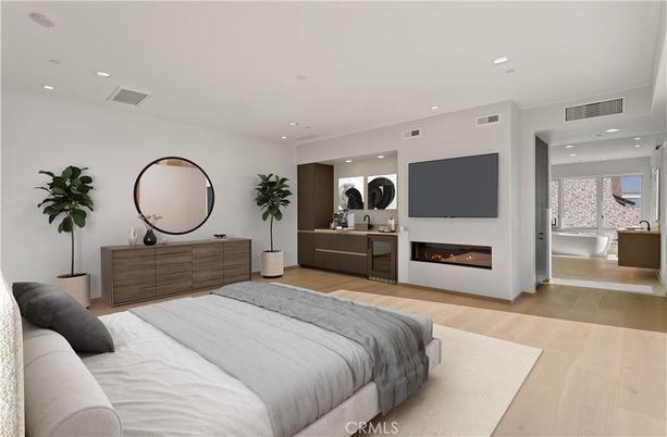 Bedroom, Fireplace, Interior, Recessed Lighting, Wood Texture Flooring