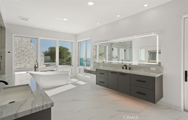 Bathroom, Dual Sink Vanities, Free Standing Baths, Glass Shower, Interior, Marble, Recessed Lighting