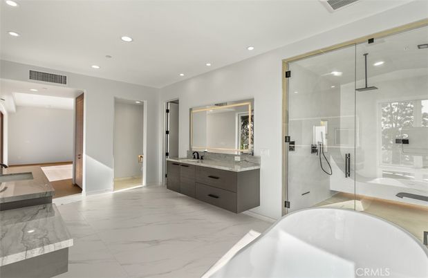 Bathroom, Dual Sink Vanities, Glass Shower, Interior, Marble, Recessed Lighting