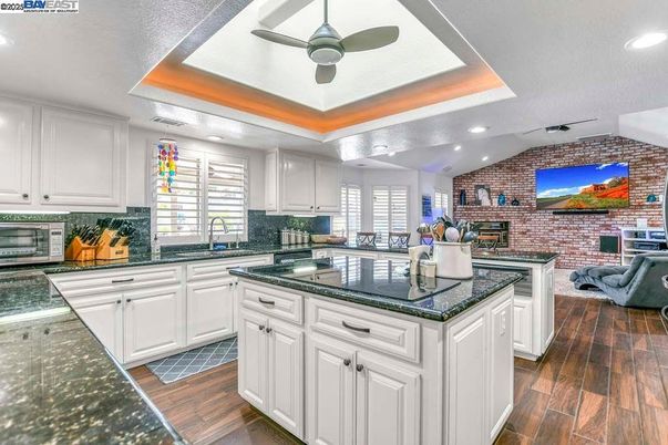 Interior, Kitchen, Recessed Lighting, Stone Walls, Wood Texture Flooring