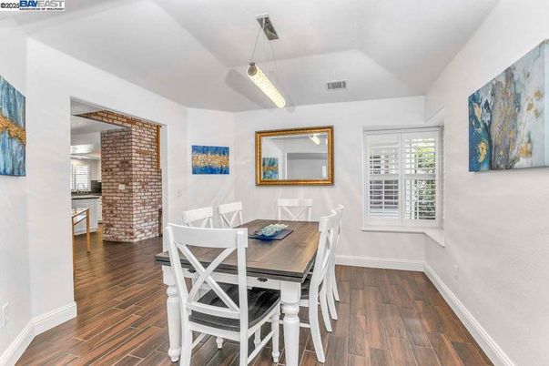 Dining room, Interior, Pendant Lights, Wood Texture Flooring