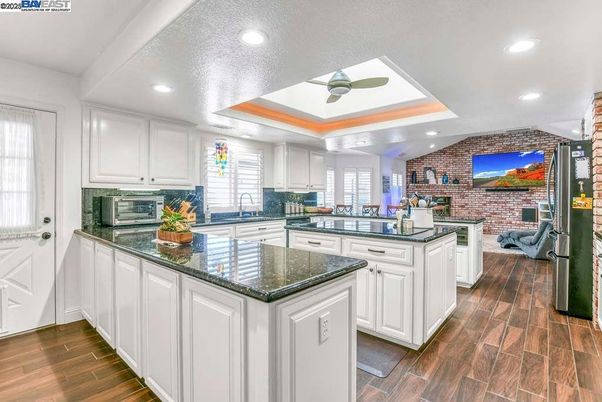 Interior, Kitchen, Recessed Lighting, Stone Walls, Wood Texture Flooring