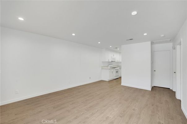 Empty room, Interior, Kitchen, Recessed Lighting, Wood Texture Flooring