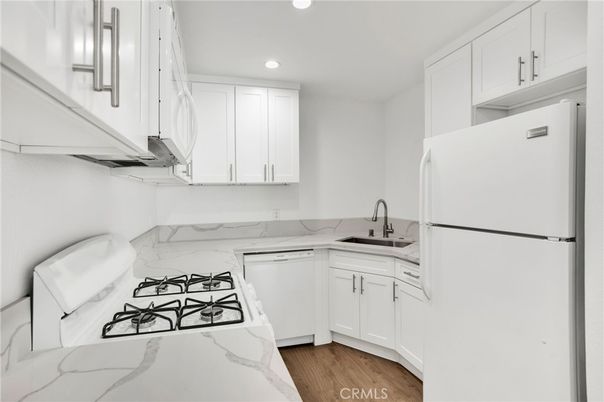 Interior, Kitchen, Marble Walls, Recessed Lighting, Wood Texture Flooring