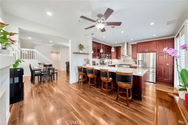 Dining room, Interior, Kitchen, Recessed Lighting, Stainless Steel Appliances, Wood Texture Flooring